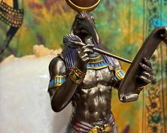 Estatua de Thoth de 28,3 cm (11 1/8”), resina fundida en frío / Dios egipcio de la sabiduría, la escritura y la magia / Decoración de altar para estudio, adivinación y protección / Acabado bronce