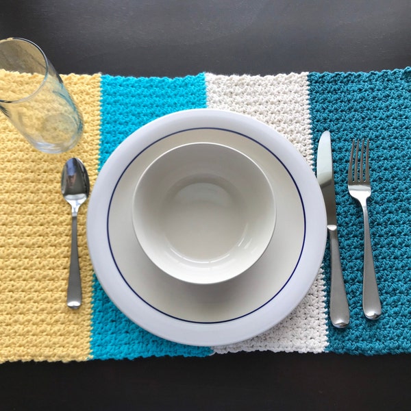 Color Block Crochet Placemats in Yellow, Blue, Teal, and Ecru Cotton - Set of 2 / Handmade Rectangular Placemats