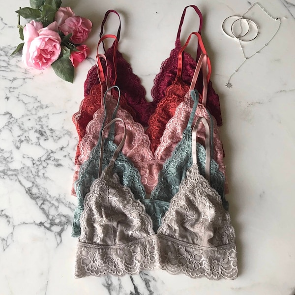 Gorgeous lace triangle bralette floral lace bra lacy bralette scalloped hem bralette adjustable sheer bralette