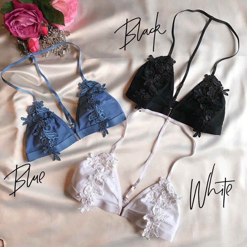 front closure bralette many colors Floral racerback lace bra Embroidered Floral Lace Overlayed Triangle Bralette