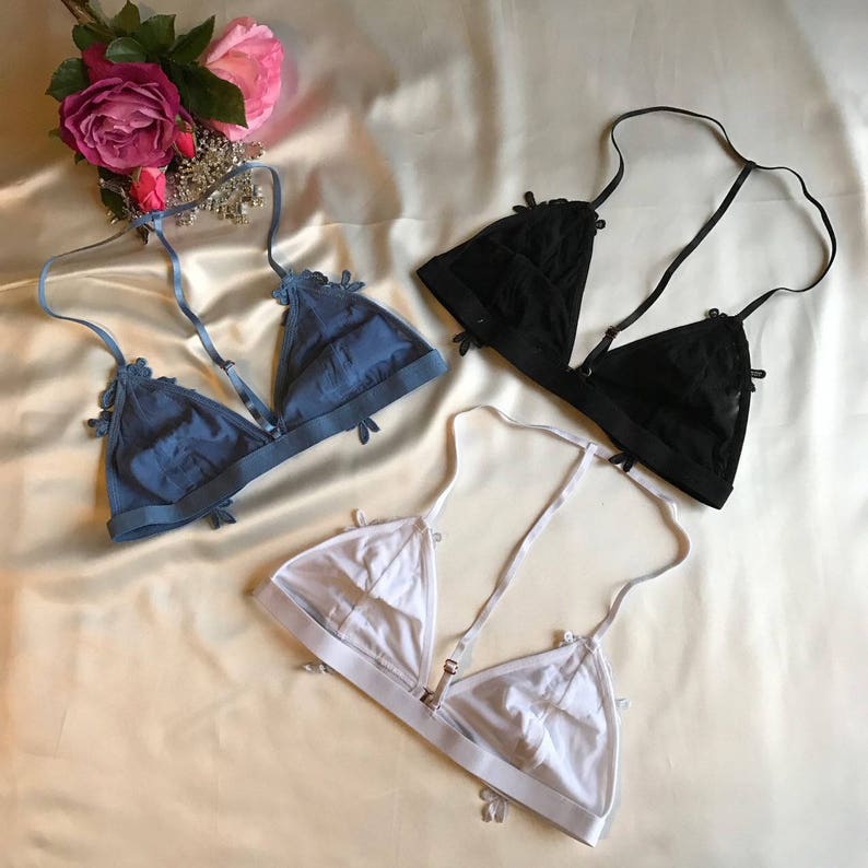 front closure bralette many colors Floral racerback lace bra Embroidered Floral Lace Overlayed Triangle Bralette