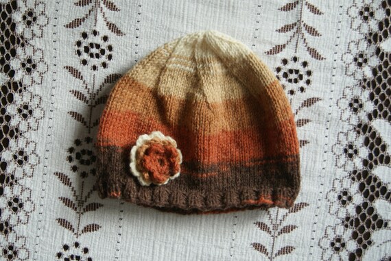 Wool Blend Beanie: Autumn Colors, Knitted Flower - Etsy display picture 1