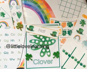 May include: A set of printable St. Patrick's Day educational activities for children. The set includes a clover counting activity, a hat identification card, a rainbow alphabet chart, and a shamrock counting activity.