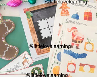 May include: A set of printable Christmas-themed educational activity sheets for children. The sheets feature a variety of activities, including matching, colouring, and word recognition. The sheets are decorated with festive illustrations of reindeer, stockings, baubles, and gift boxes.