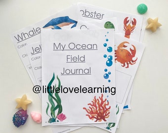 May include: A printable ocean-themed journal with a cover featuring a coral reef, seaweed, and bubbles. The text on the cover reads "My Ocean Field Journal" and "@littlelovelearning".
