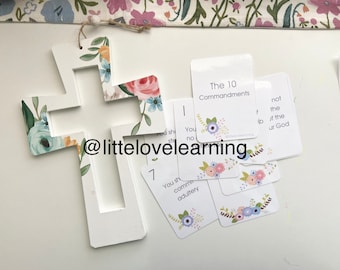 10 Commandments Flashcards, Floral Bible Learning Tool