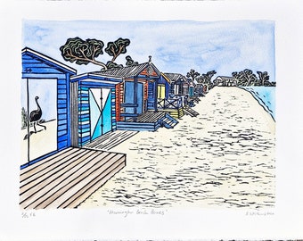 Mornington Beach Boxes Coloured (Ltd Lino Print)