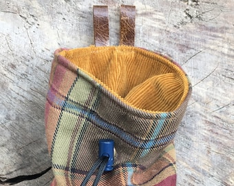 Handmade Chalk Bag | Brown, Red, Blue Plaid Upcycled Fabric w/ Tan Corduroy Liner, Brown Leather Straps