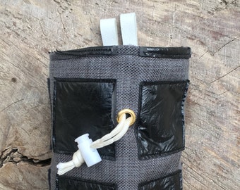 Eco-friendly Black Chalk Bag- Faux Leather Patches, Velvet Liner, White Contrast Salvaged Leather Straps and Draw Cord