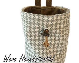 Handmade Chalk Bag, Houndstooth Reycycled Fabric with Striped Velvet Camel Liner and Recycled Leather Straps and Draw Cord