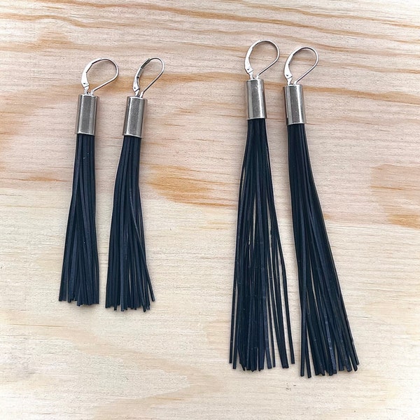 Faux Leather Tassel Earrings | Rubber Tassel Earrings | Silver Cap Tassel Earrings | Handmade