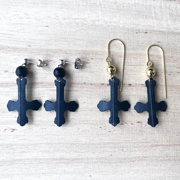 Black Faux Leather | Upcycled Rubber Satanist Earrings | Witchy Earrings | Cruelty-free | Hail Satan Upside Down Cross Jewelry
