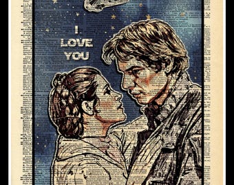Könnte beinhalten: Eine Vintage-Illustration von Han Solo und Prinzessin Leia aus Star Wars, vor einem blauen Hintergrund mit Sternen und Text. Der Text lautet "Ich liebe dich" und "Ich weiß".