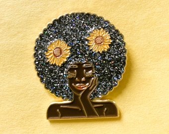 Melanin |Sunflower girl | Soft enamel pin| glitter| African American woman| natural hair pin
