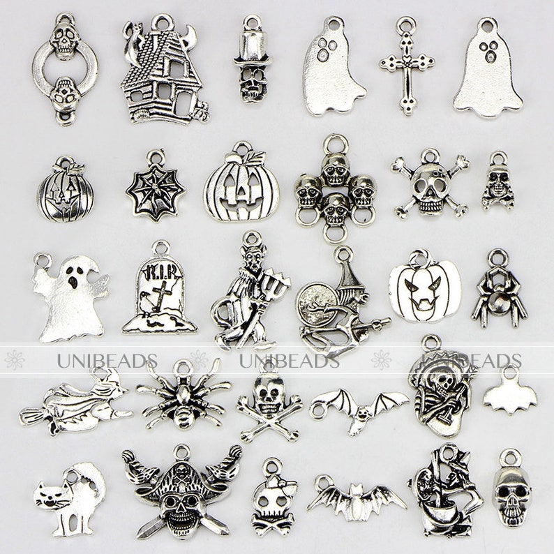 30pcs Halloween Charms Set Antiqued Silver Assorted Charms Etsy