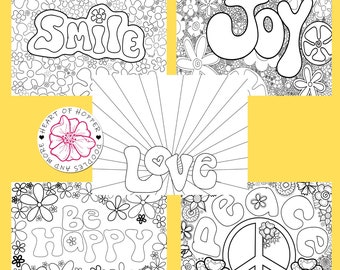 Hippy Style Bubble Lettering Fun Floral Coloring Pages - Inspirational and uplifting feel good instant download digital prints