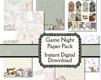 Game Night Digital Paper Pack | Vintage Style Collage Backgrounds & Tag cutouts | Junk Journal Scrapbook