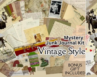 Vintage Junk Journal Kit, Antique Ephemera, Washi Tape, Stamps, Craft Paper (Mystery Pack)