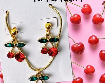 Cherry Rhinestone Necklace and Earrings Set 18 K gold plated
