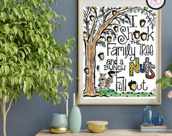 I Shook the Family Tree Art – Squirrels, Acorns, Nuts Falling (Instant Download)