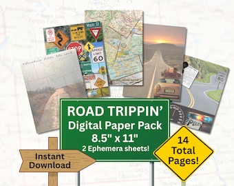 Road Trip Junk Journal Kit, Wanderlust Travel Digital Paper Pack (PDF)