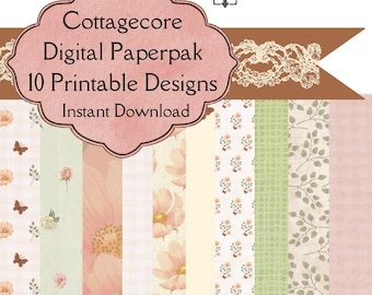 Cottagecore Digital Paper Pack | 12 Printable Scrapbook Papers | Junk Journal Pages | Vintage Floral Backgrounds | Instant Download