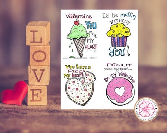 Fun Valentine Cards | Kids Valentines | I'd be muffin without you | You melt my heart | You have a pizza my heart | Donut break my heart
