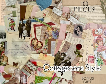 Cottagecore Junk Journal Kit with Authentic Vintage Ephemera | 100+ Piece Kit | Handmade Tags, Pockets, Fabric & Paper Pack