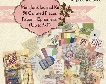 Junk Journal Mini Kit | 50 Piece Ephemera/Paper Pack | Vintage & Cottagecore Supplies | Bonus Included