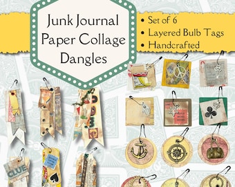 Handcrafted Junk Journal Dangles Set | Game Night Themed Layered Collage Paper Charm Embellishments