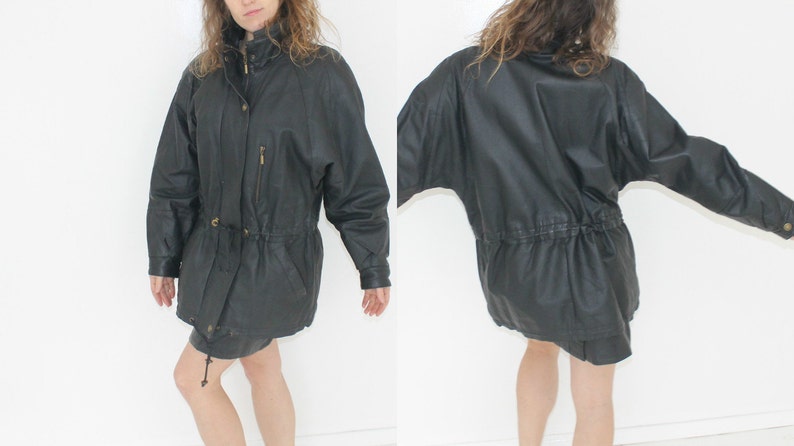 Vintage 80s Black Leather Trench Coat Avant Garde Bat Sleeved Genuine Leather Long Women/'s Jacket Medium to Large BOMBER Distressed Autumn
