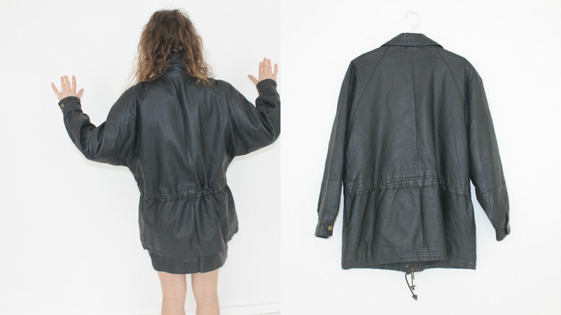 Vintage 80s Black Leather Trench Coat Avant Garde Bat Sleeved Genuine Leather Long Women/'s Jacket Medium to Large BOMBER Distressed Autumn