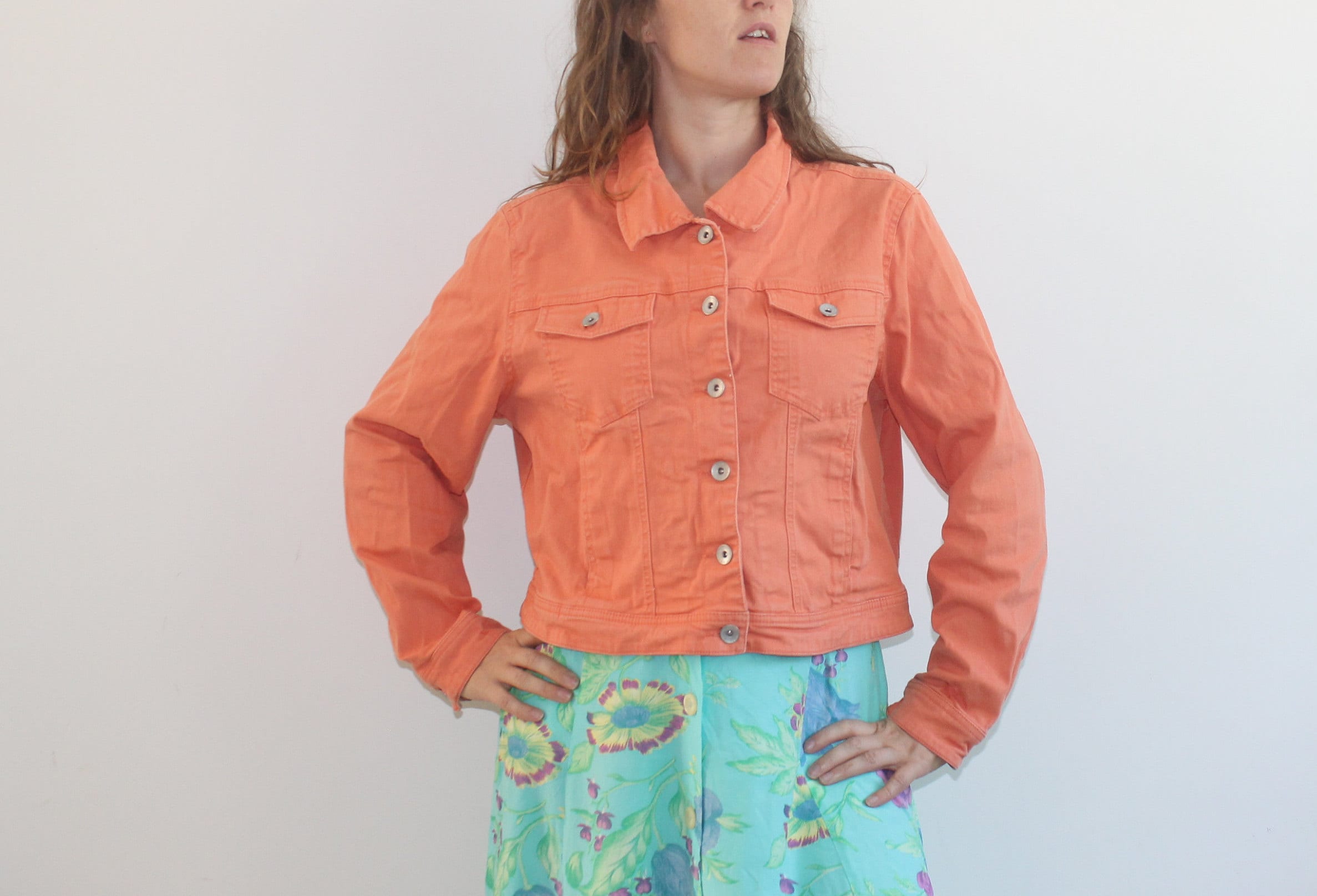 salmon pink denim jacket