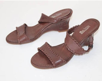 Brown Leather SLIDERS 90s STRAPPY Slip On Heeled Sandals Shoes Open Toe Chunky Hippie Platform Mules Slingback Size Us 7 Uk 4 1/2 Eur 37.5