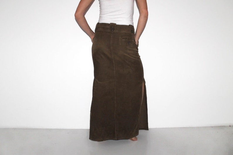 Dark brown Corduroy Skirt with front pocket Maxi Fitted Pencil Large Maxi Midi Tight Skirt High Slit boho floor length faded minimal hippy