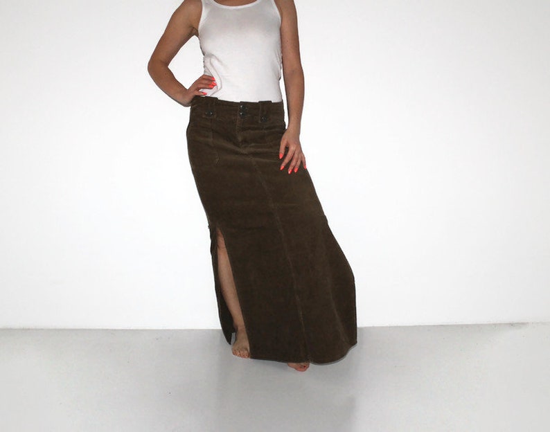 Dark brown Corduroy Skirt with front pocket Maxi Fitted Pencil Large Maxi Midi Tight Skirt High Slit boho floor length faded minimal hippy