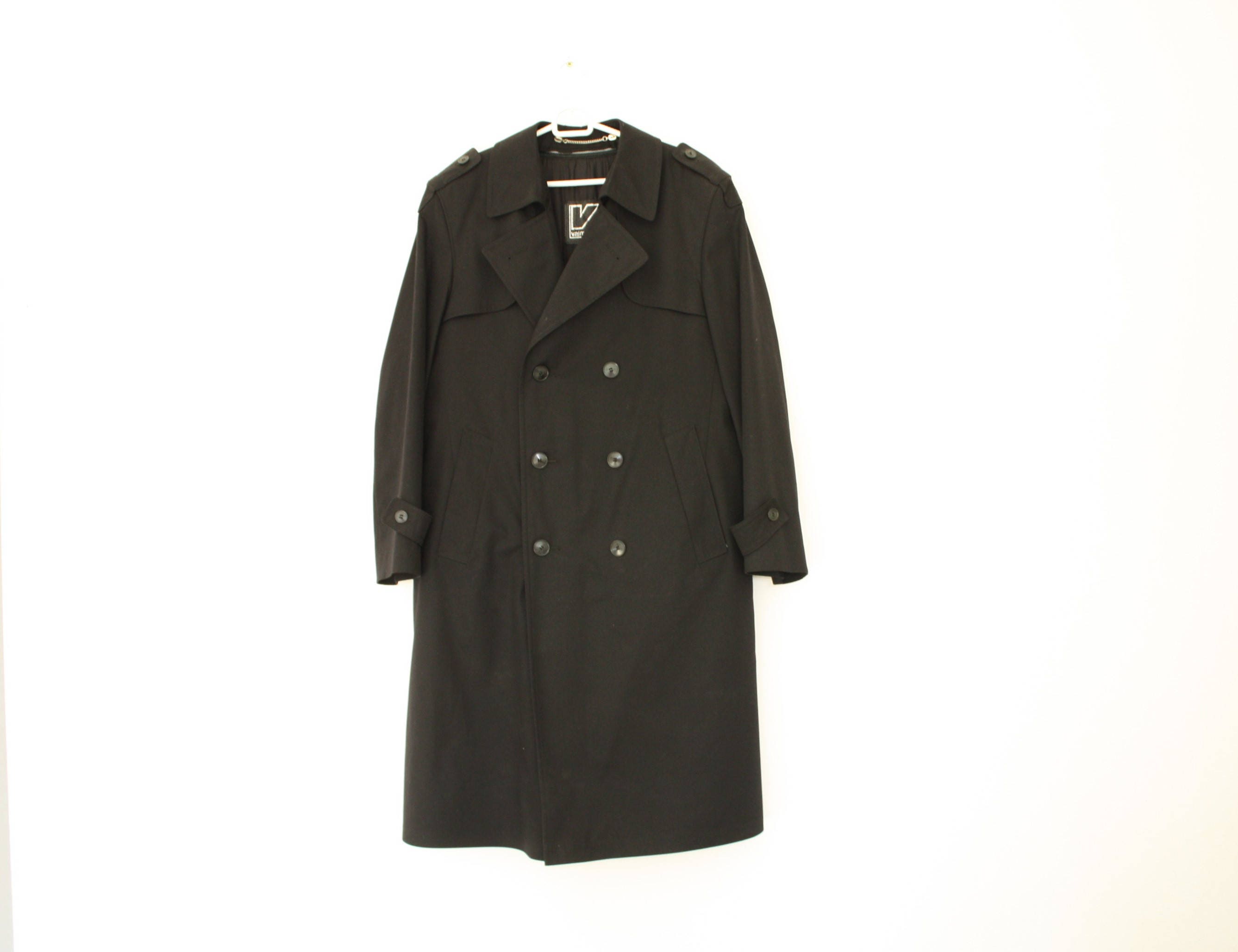Vintage Black TRENCH Coat size Large L Retro Detective Rain | Etsy