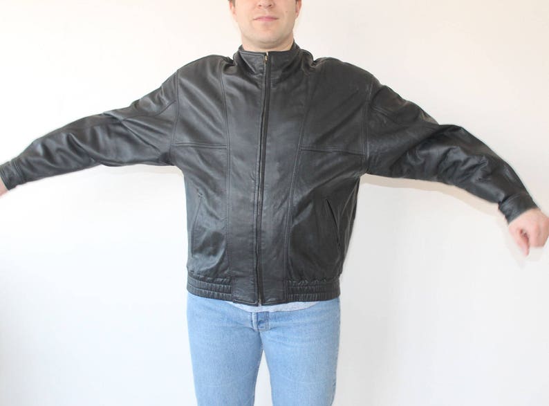 Leather BOYFRIEND Leather Bomber Jacket 80s Black Vintage Crop Motorcycle Biker Coat Short Moto Unisex Blazer 1980s Women Hipster Large