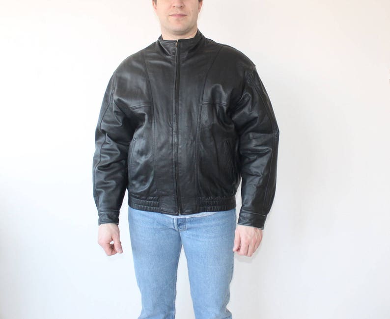 Leather BOYFRIEND Leather Bomber Jacket 80s Black Vintage Crop Motorcycle Biker Coat Short Moto Unisex Blazer 1980s Women Hipster Large