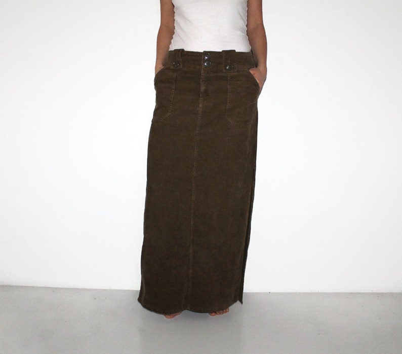 Dark brown Corduroy Skirt with front pocket Maxi Fitted Pencil Large Maxi Midi Tight Skirt High Slit boho floor length faded minimal hippy