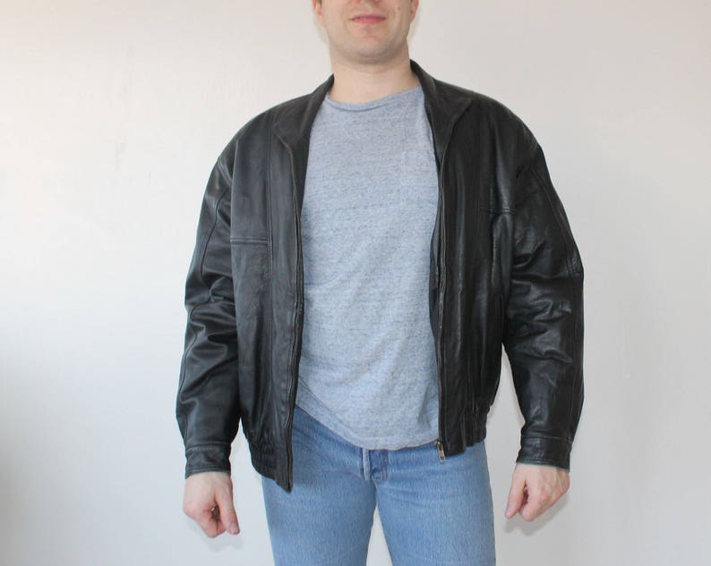 Leather BOYFRIEND Leather Bomber Jacket 80s Black Vintage Crop Motorcycle Biker Coat Short Moto Unisex Blazer 1980s Women Hipster Large