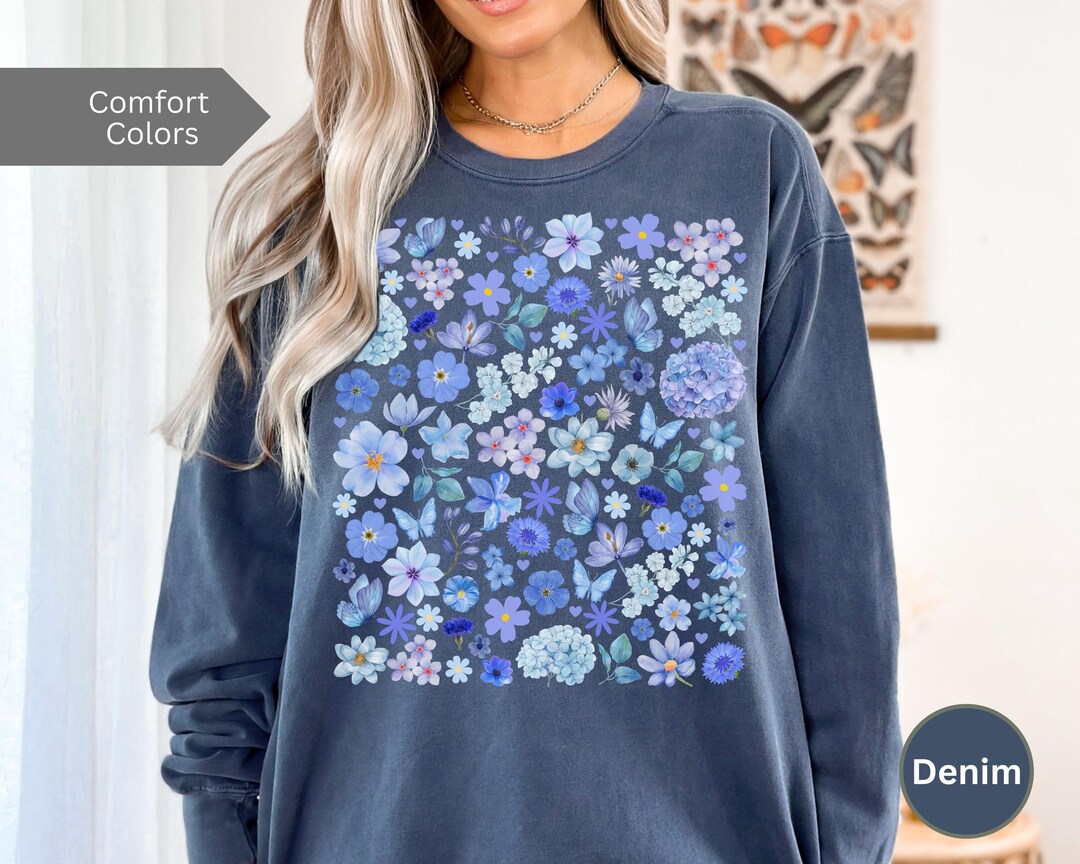 Cottagecore Floral Sweatshirt, Comfort Colors, Blue Wildflowers, Spring ...