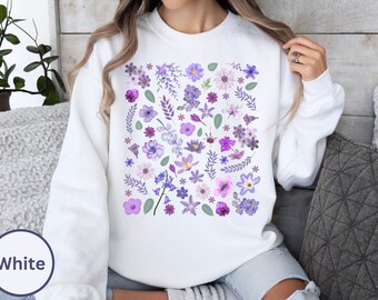 Cottagecore sweatshirt, Purple Boho wild flowers shirt, Fairycore floral shirt, Mauve, Violet, Lavender Oversized pressed flowers