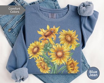 Sudadera con estampado de girasoles, colores cómodos, camiseta floral de jardín, regalo para mujer, camiseta de otoño, camiseta vintage de flores silvestres estilo cottagecore, talla grande.