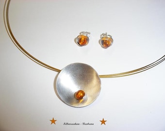 Silver bowl with amber & stud earrings 925/000