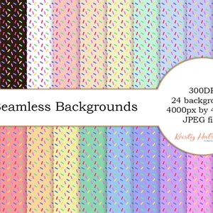 Puede incluir: 24 fondos de papel digital sin costuras con un patrón de chispas en varios colores. Los fondos son de 4000 píxeles por 4000 píxeles y tienen 300 DPI. El texto "24 Seamless Backgrounds" y "300DPI 24 backgrounds 4000px by 4000px JPEG files" es visible en la imagen.