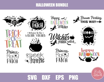May include: A set of 10 Halloween-themed SVG cut files. The designs include phrases like "Drivin' me Batty", "Trick or Treat", "Witches Gonna Witch", and "Happy Halloween Witches".