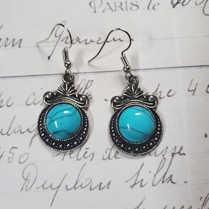 Turqouise earrings. Victorian earrings. Tiger eye stone earrings. Round Victorian drop earrings. Howlite stone earrings.