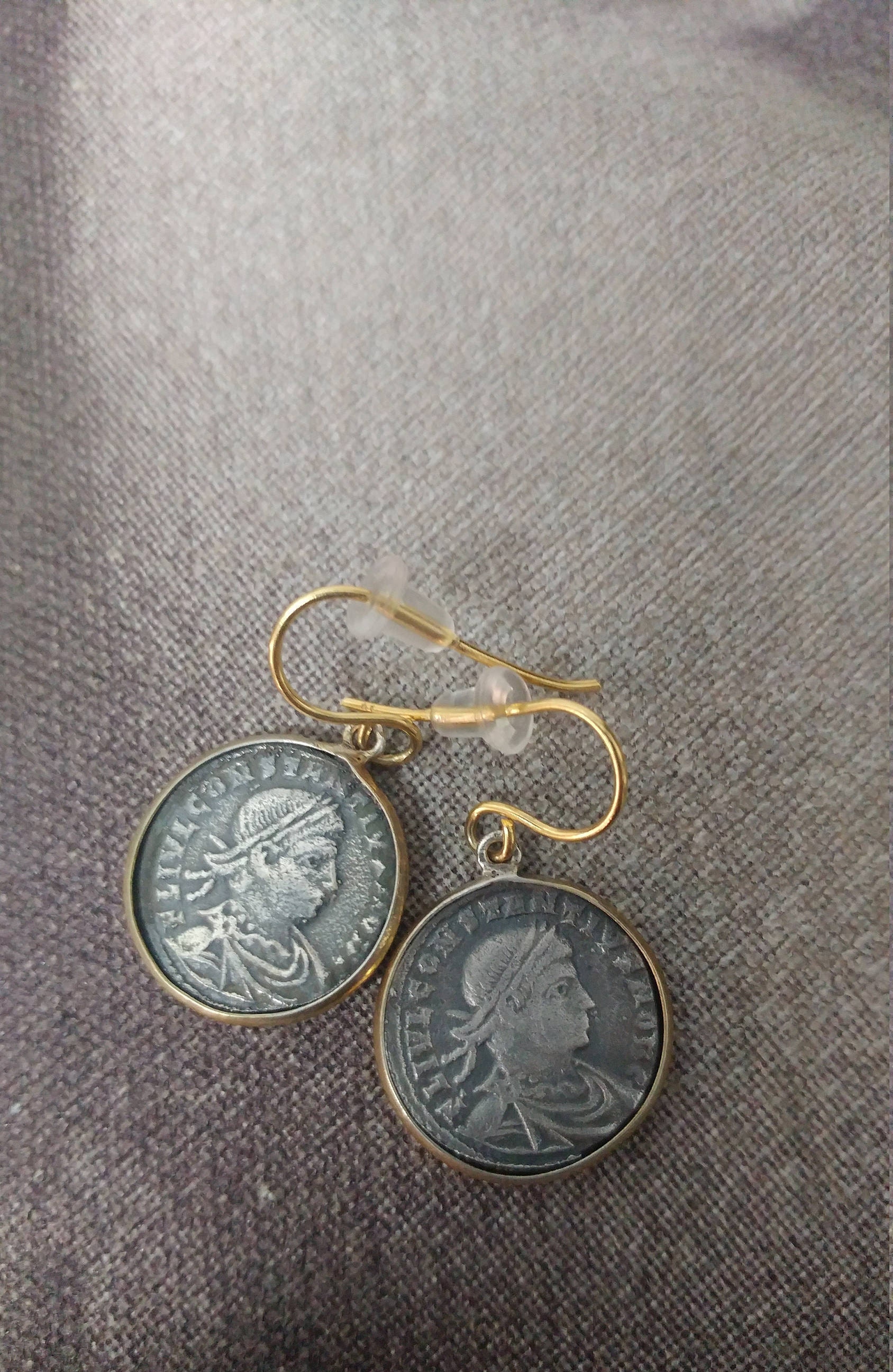 Antique coin earrings. Silver and gold double sided antique coin