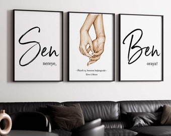 Personalized 3-poster set Sen Nereye Ben Oraya – Wedding gift & couple decoration, love pictures for bedroom wall art